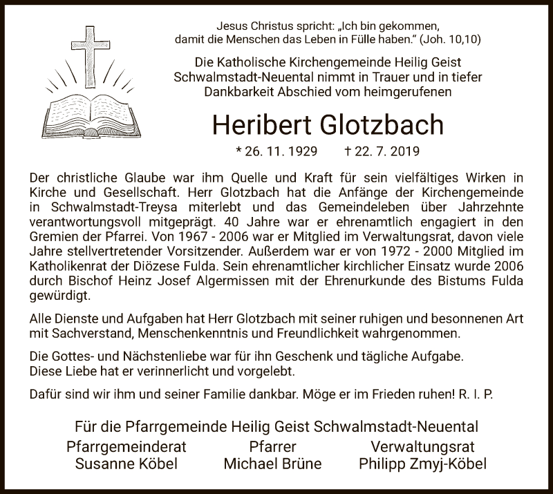  Traueranzeige für Heribert Glotzbach vom 26.07.2019 aus HNA