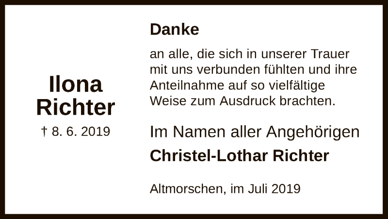  Traueranzeige für Ilona Richter vom 13.07.2019 aus HNA
