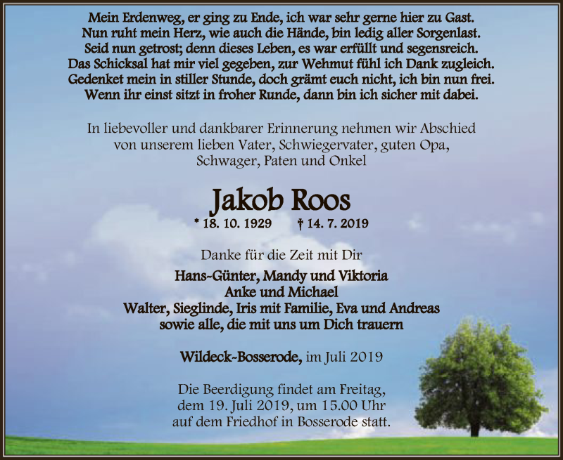  Traueranzeige für Jakob Roos vom 17.07.2019 aus HNA