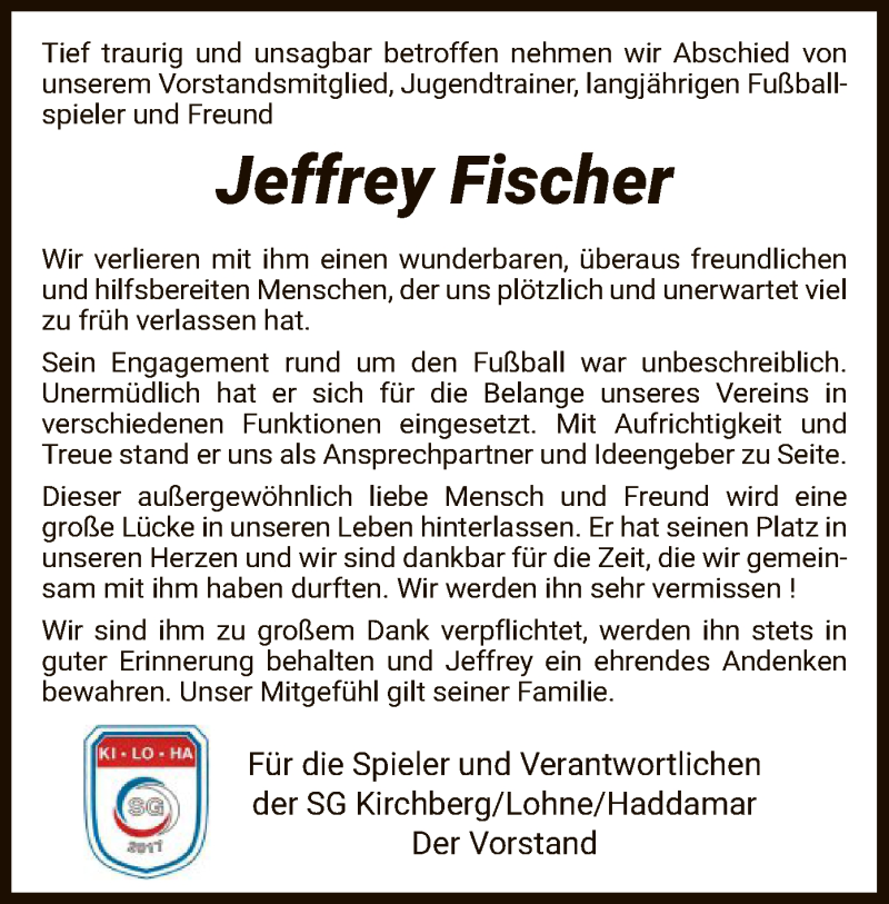  Traueranzeige für Jeffrey Fischer vom 27.07.2019 aus HNA