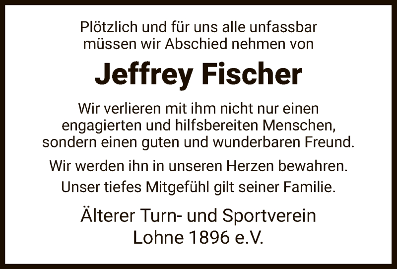  Traueranzeige für Jeffrey Fischer vom 26.07.2019 aus HNA