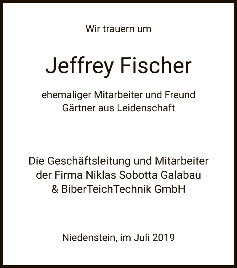  Traueranzeige für Jeffrey Fischer vom 27.07.2019 aus HNA