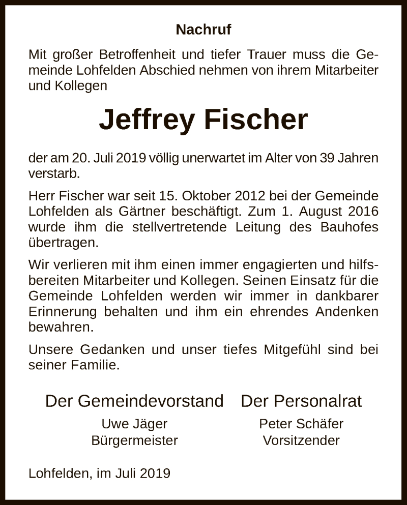  Traueranzeige für Jeffrey Fischer vom 25.07.2019 aus HNA