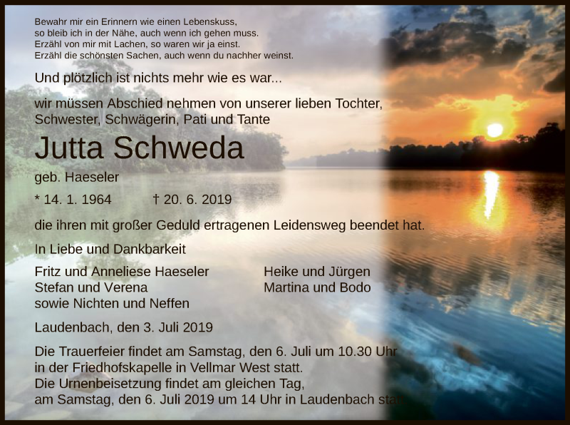  Traueranzeige für Jutta Schweda vom 03.07.2019 aus HNA