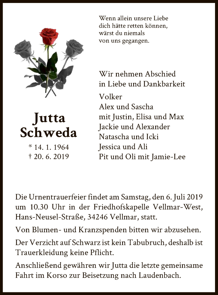  Traueranzeige für Jutta Schweda vom 29.06.2019 aus HNA