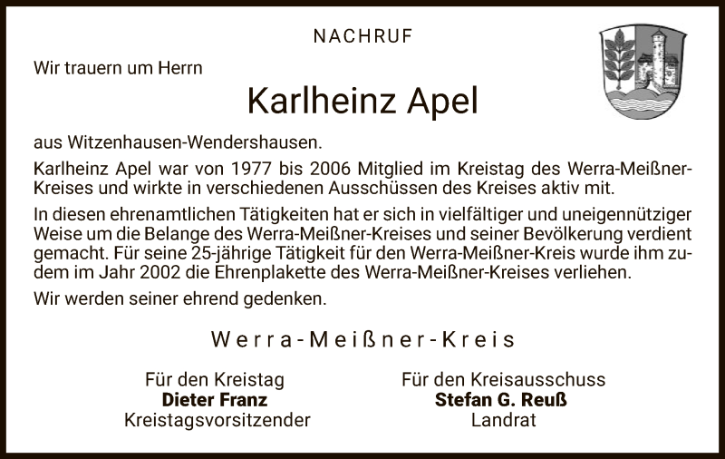 Traueranzeige für Karlheinz Apel vom 11.07.2019 aus HNA