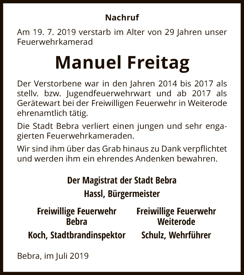  Traueranzeige für Manuel Freitag vom 25.07.2019 aus HNA
