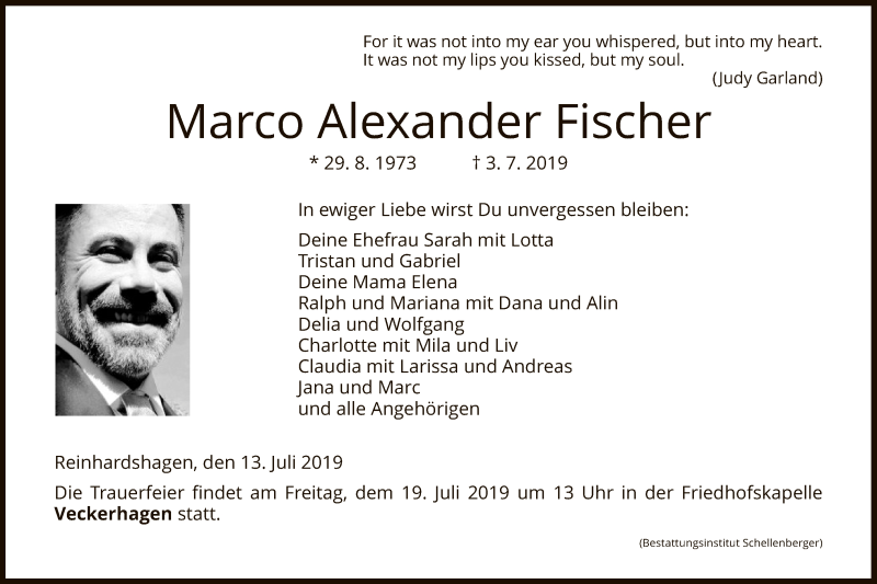  Traueranzeige für Marco Alexander Fischer vom 13.07.2019 aus HNA