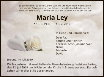 Traueranzeige von Maria Ley von HNA