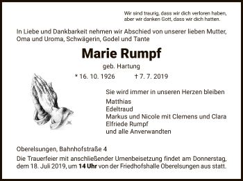 Traueranzeige von Marie Rumpf von HNA