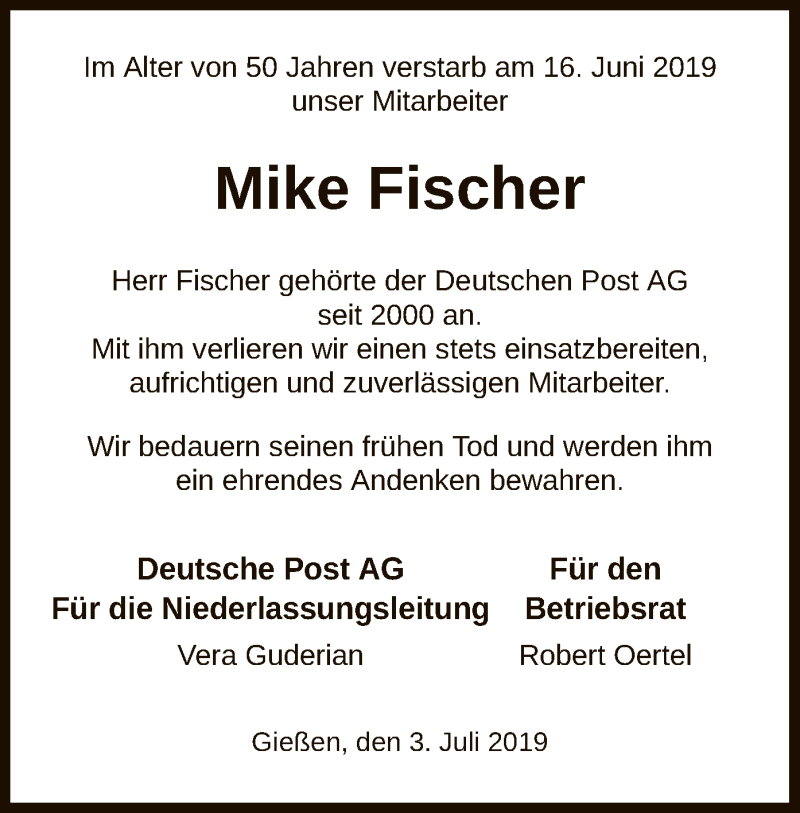 Traueranzeige für Mike Fischer vom 03.07.2019 aus HNA