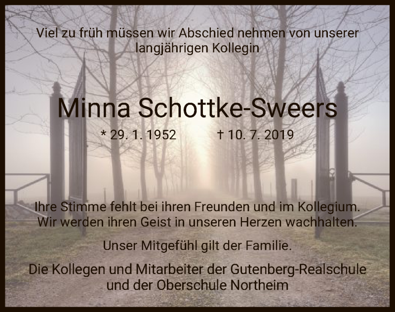  Traueranzeige für Minna Schottke-Sweers vom 17.07.2019 aus HNA