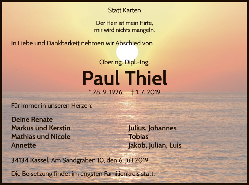 Traueranzeige für Paul Thiel vom 06.07.2019 aus HNA