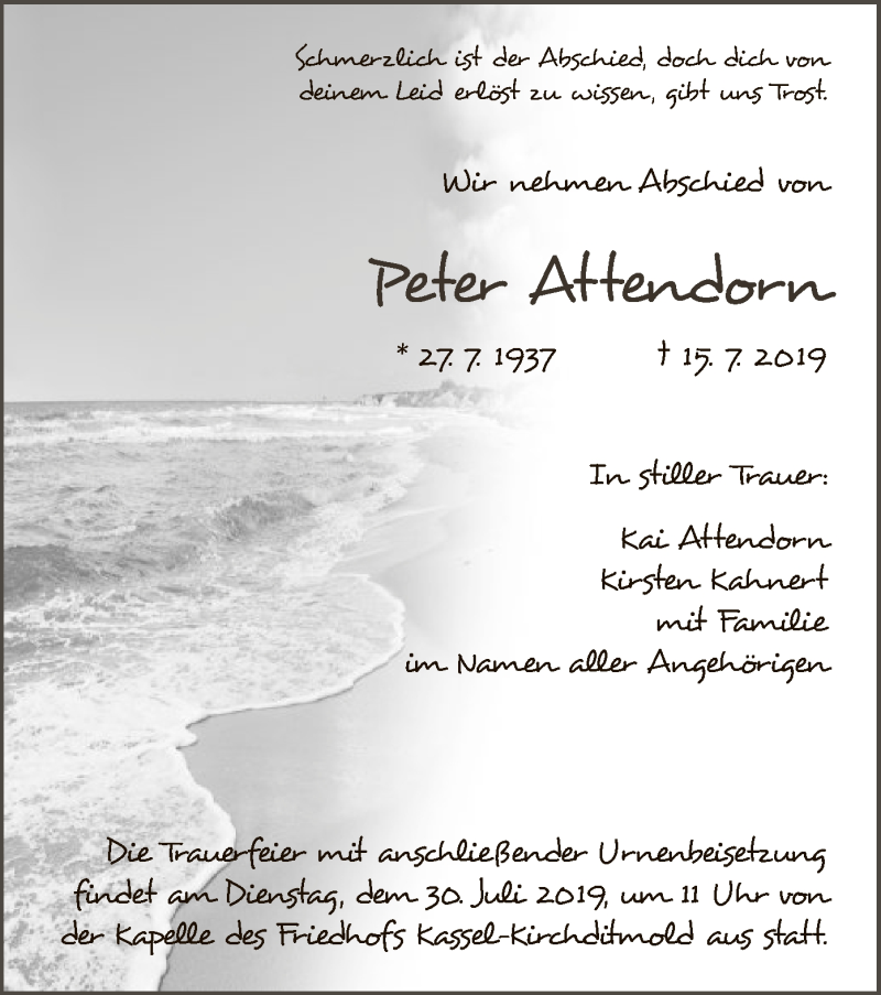  Traueranzeige für Peter Attendorn vom 27.07.2019 aus HNA