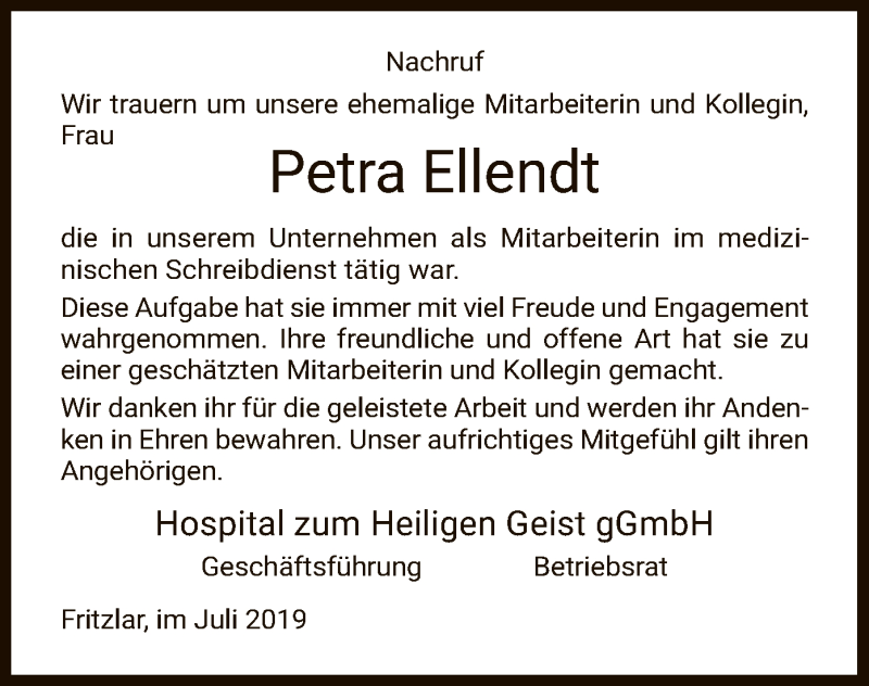  Traueranzeige für Petra Ellendt vom 10.07.2019 aus HNA