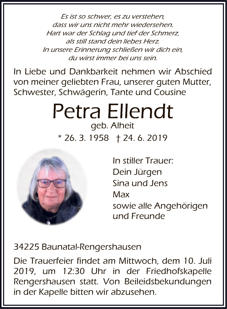  Traueranzeige für Petra Ellendt vom 06.07.2019 aus HNA