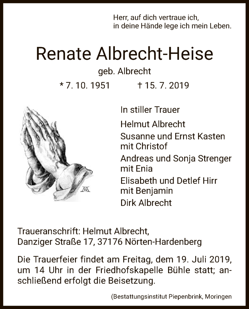  Traueranzeige für Renate Albrecht-Heise vom 18.07.2019 aus HNA