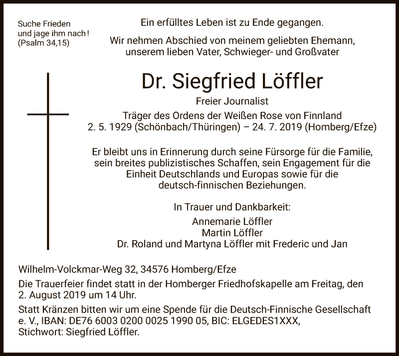  Traueranzeige für Siegfried Löffler vom 27.07.2019 aus HNA
