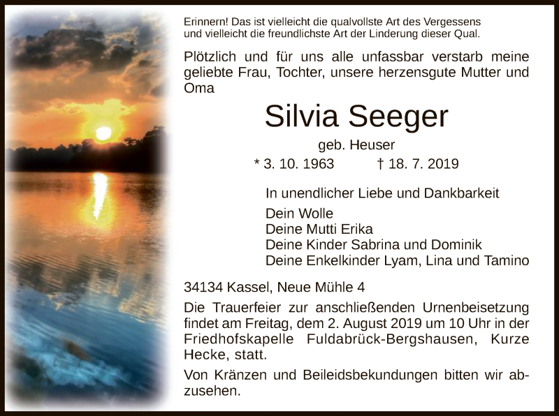  Traueranzeige für Silvia Seeger vom 27.07.2019 aus HNA