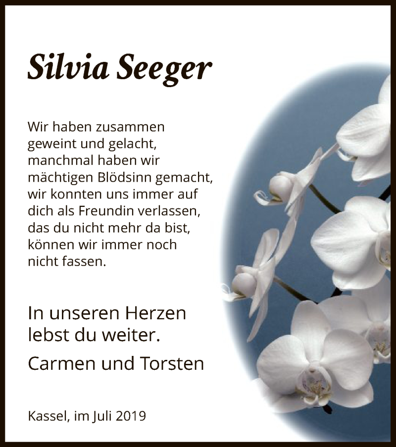  Traueranzeige für Silvia Seeger vom 27.07.2019 aus HNA