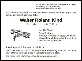 Traueranzeige von Walter Roland Kind von HNA