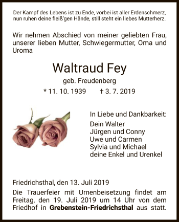 Traueranzeige von Waltraud Fey von HNA