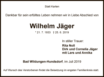 Traueranzeige von Wilhelm Jäger von HNA