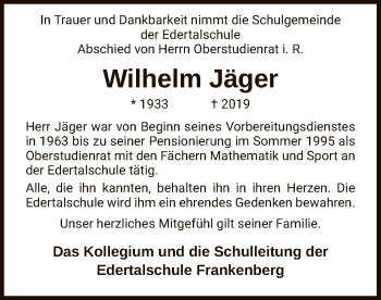 Traueranzeige von Wilhelm Jäger von HNA
