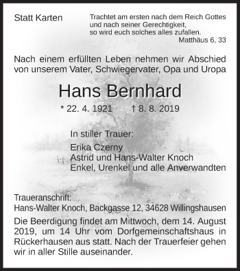 Traueranzeige von Hans Bernhard von HNA