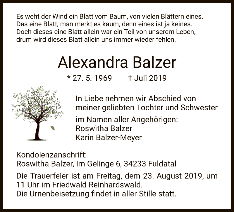  Traueranzeige für Alexandra Balzer vom 17.08.2019 aus HNA