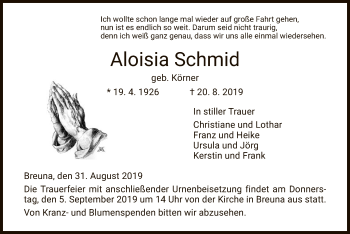 Traueranzeige von Aloisia Schmid von HNA