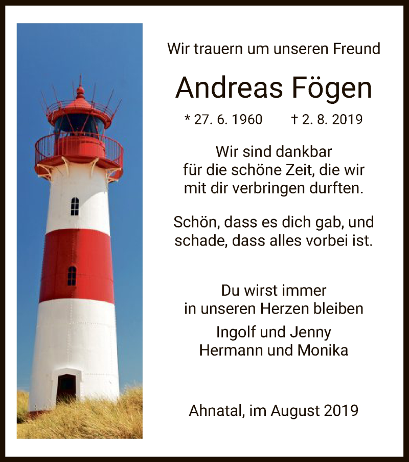 Traueranzeige für Andreas Fögen vom 06.08.2019 aus HNA