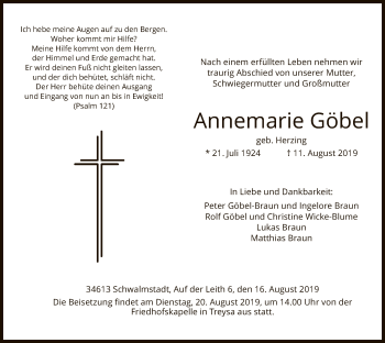 Traueranzeige von Annemarie Göbel von HNA