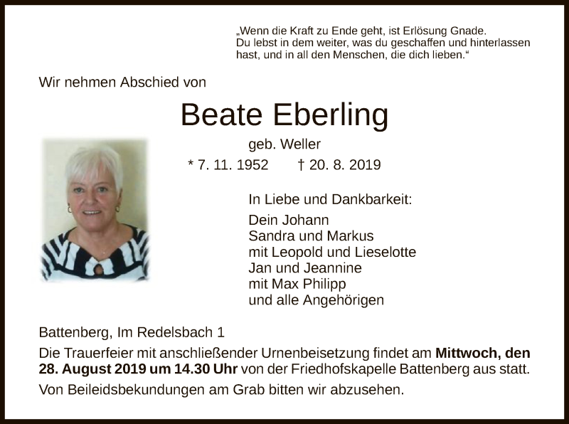  Traueranzeige für Beate Eberling vom 24.08.2019 aus HNA