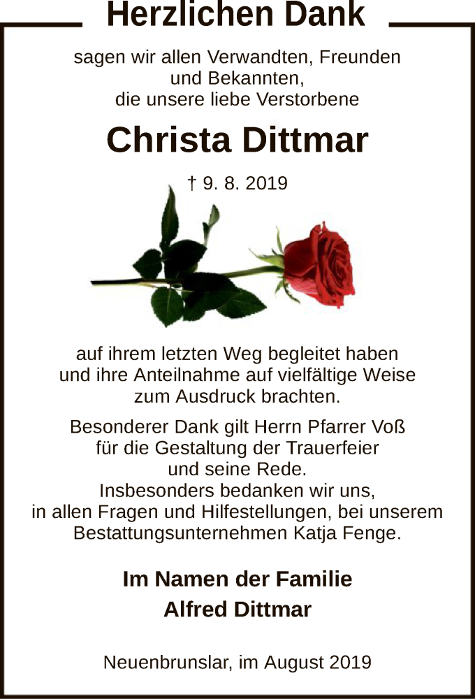  Traueranzeige für Christa Dittmar vom 31.08.2019 aus HNA