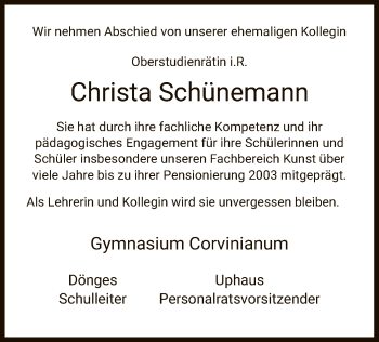Traueranzeige von Christa Schünemann von HNA