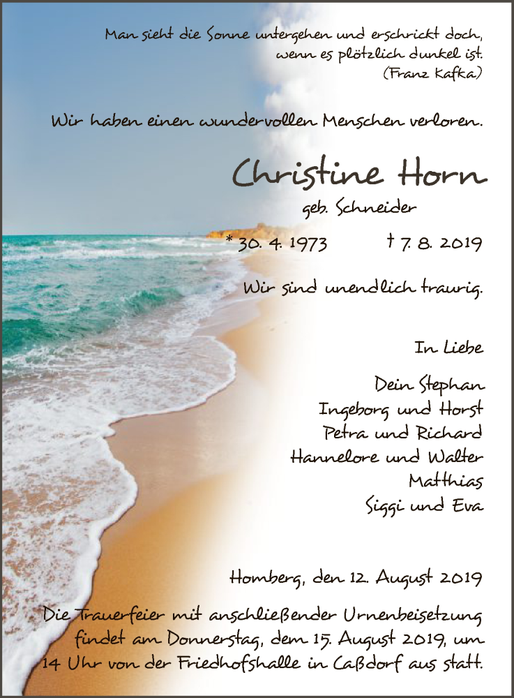  Traueranzeige für Christine Horn vom 12.08.2019 aus HNA