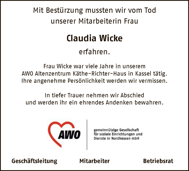  Traueranzeige für Claudia Wicke vom 28.08.2019 aus HNA