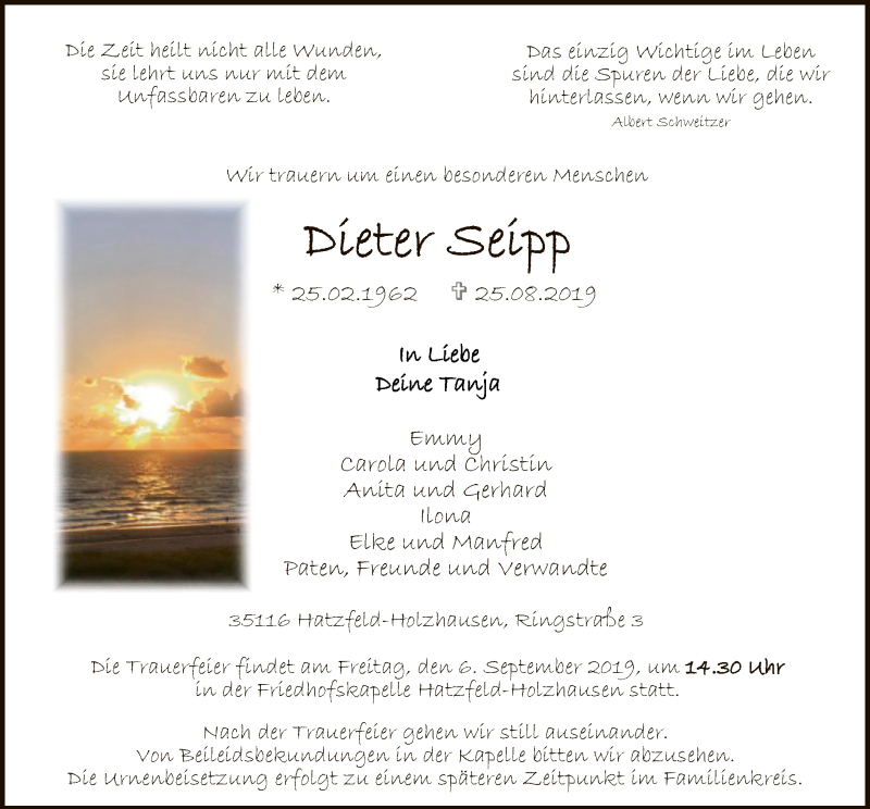  Traueranzeige für Dieter Seipp vom 31.08.2019 aus HNA
