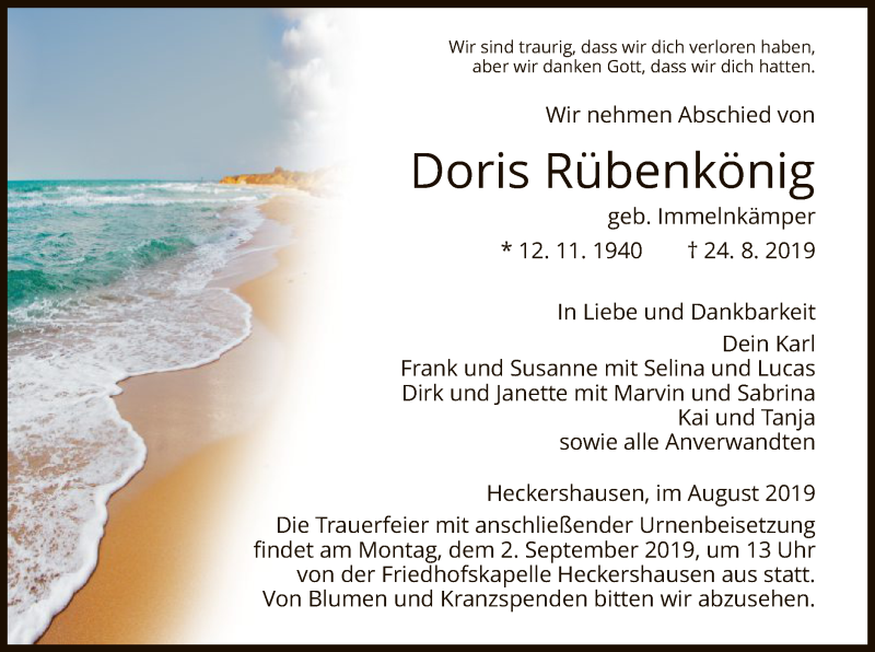  Traueranzeige für Doris Rübenkönig vom 29.08.2019 aus HNA