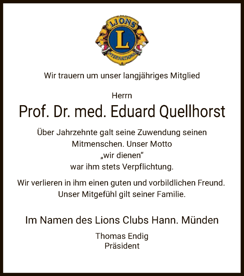  Traueranzeige für Eduard Quellhorst vom 14.08.2019 aus HNA