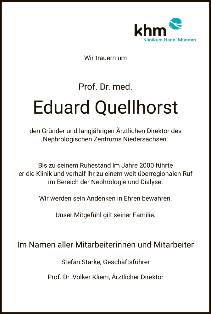  Traueranzeige für Eduard Quellhorst vom 10.08.2019 aus HNA