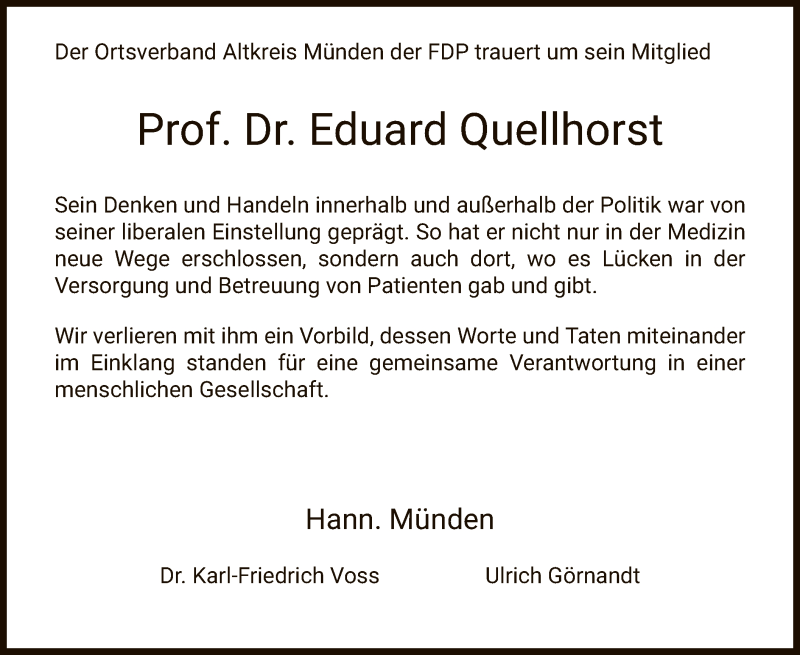  Traueranzeige für Eduard Quellhorst vom 17.08.2019 aus HNA