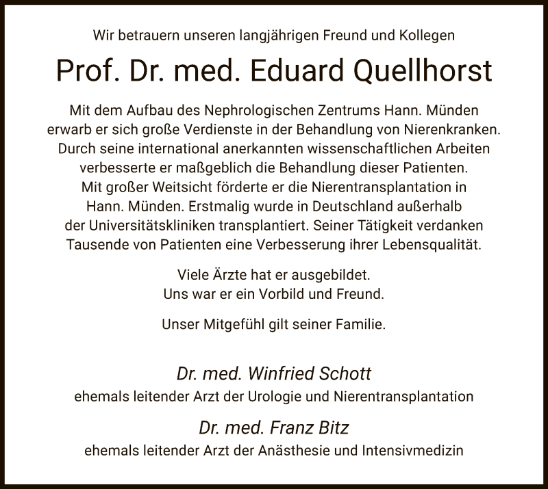  Traueranzeige für Eduard Quellhorst vom 10.08.2019 aus HNA