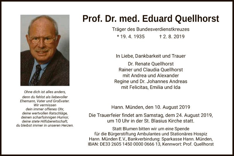  Traueranzeige für Eduard Quellhorst vom 10.08.2019 aus HNA