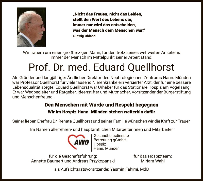  Traueranzeige für Eduard Quellhorst vom 21.08.2019 aus HNA