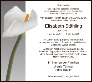 Traueranzeige von Elisabeth Stähling von HNA