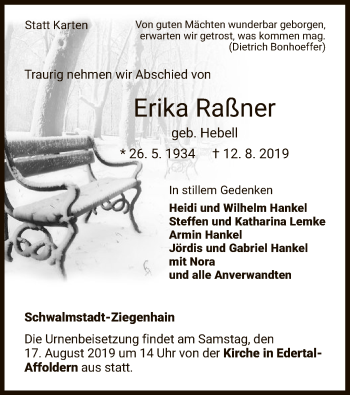 Traueranzeige von Erika Raßner von HNA