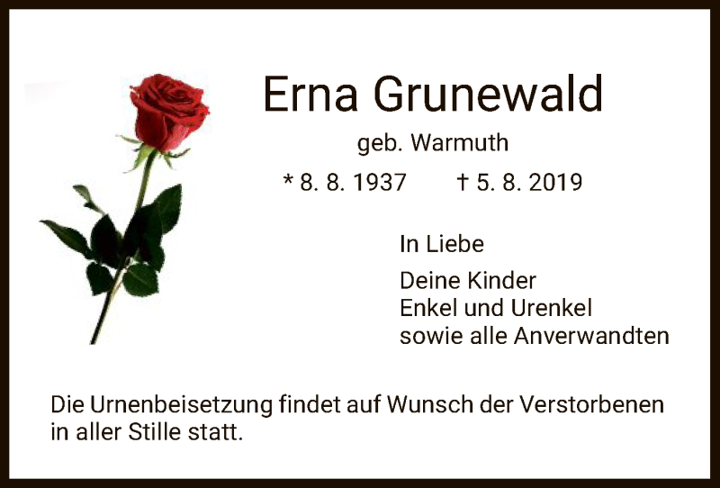  Traueranzeige für Erna Grunewald vom 12.08.2019 aus HNA