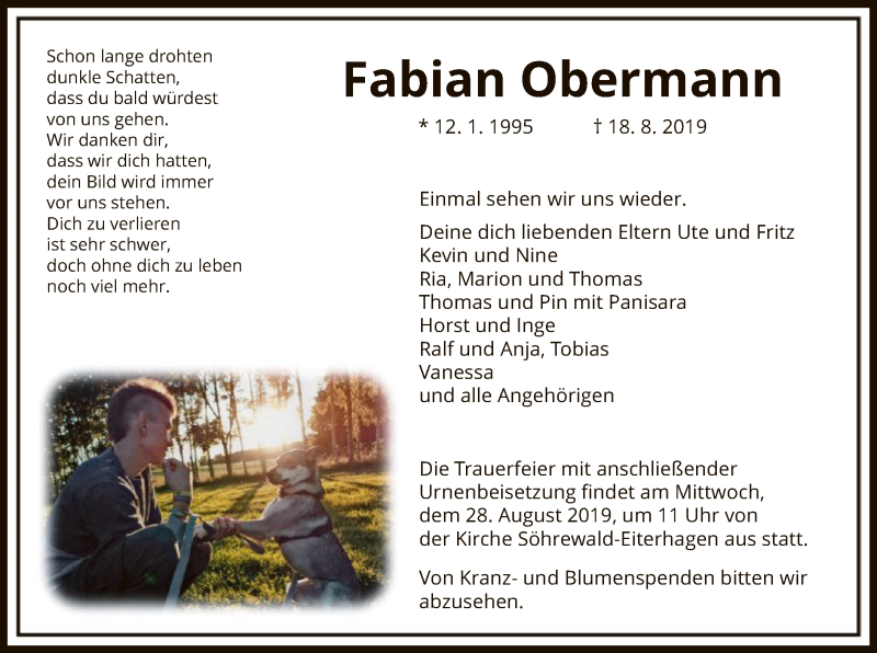  Traueranzeige für Fabian Obermann vom 24.08.2019 aus HNA